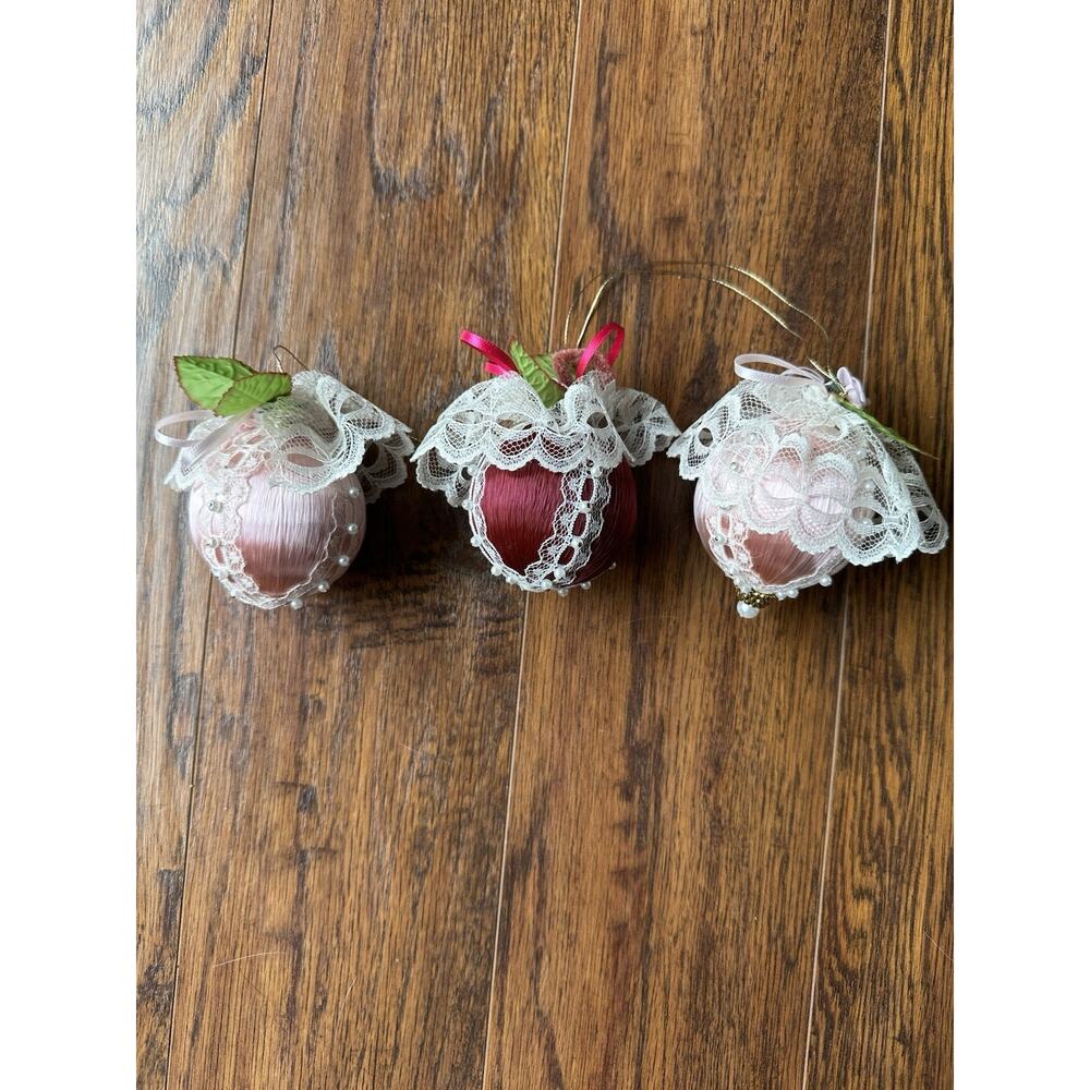 VTG Handcrafted Satin Lace Pearl Christmas Ornaments Regency Victorian Cottage